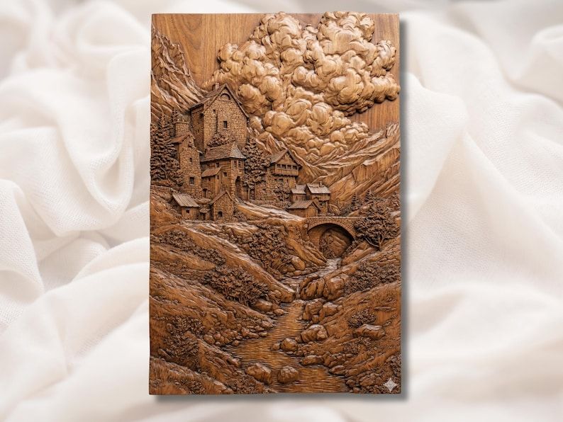Carved wood relief of a medieval castle village on a mountain with a stone bridge and river below clouds