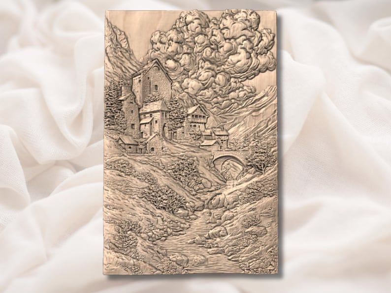 Mountain Castle Village STL with Stone Bridge and River bas-relief STL — view 2