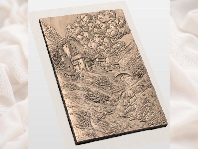 Mountain Castle Village STL with Stone Bridge and River bas-relief STL — view 3