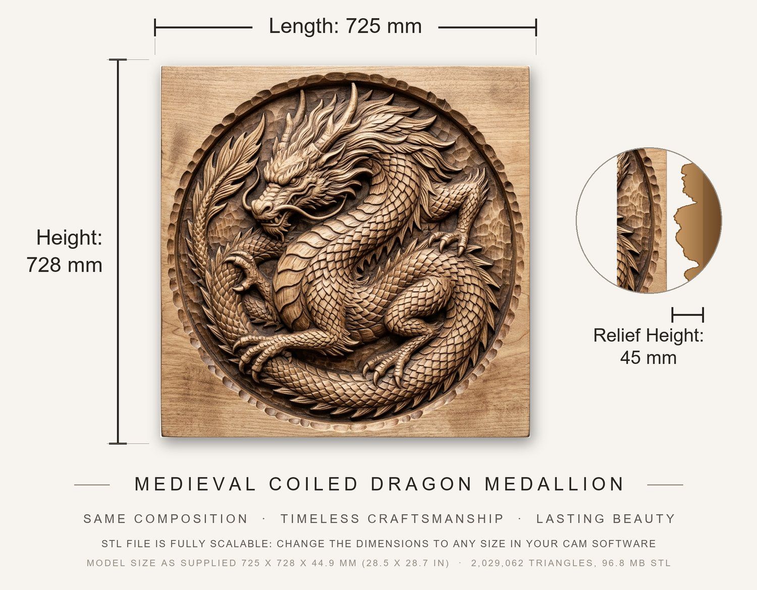 Medieval Coiled Dragon Medallion CNC Relief STL bas-relief STL — view 3
