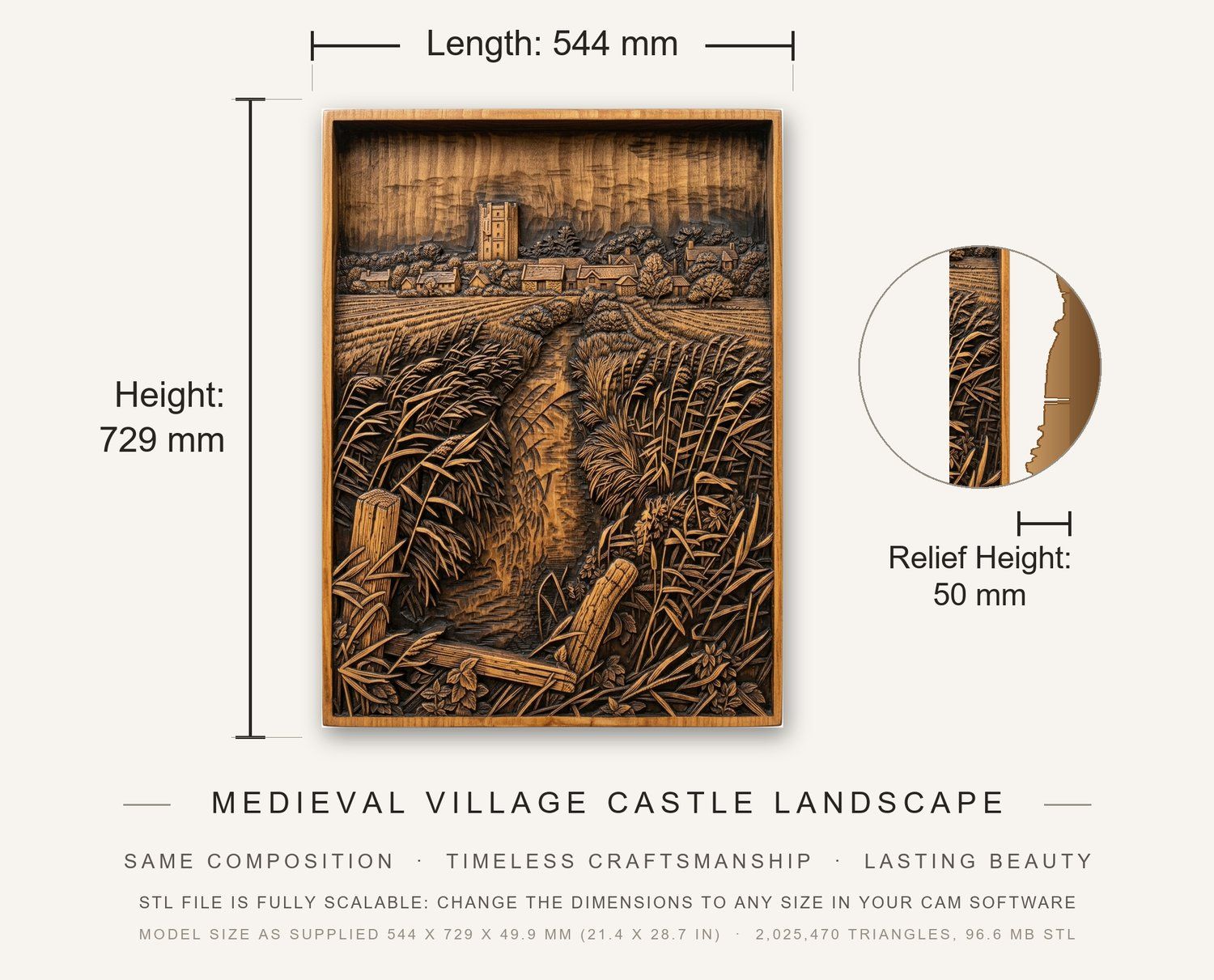 Medieval Village Castle Landscape CNC Relief STL bas-relief STL — view 3
