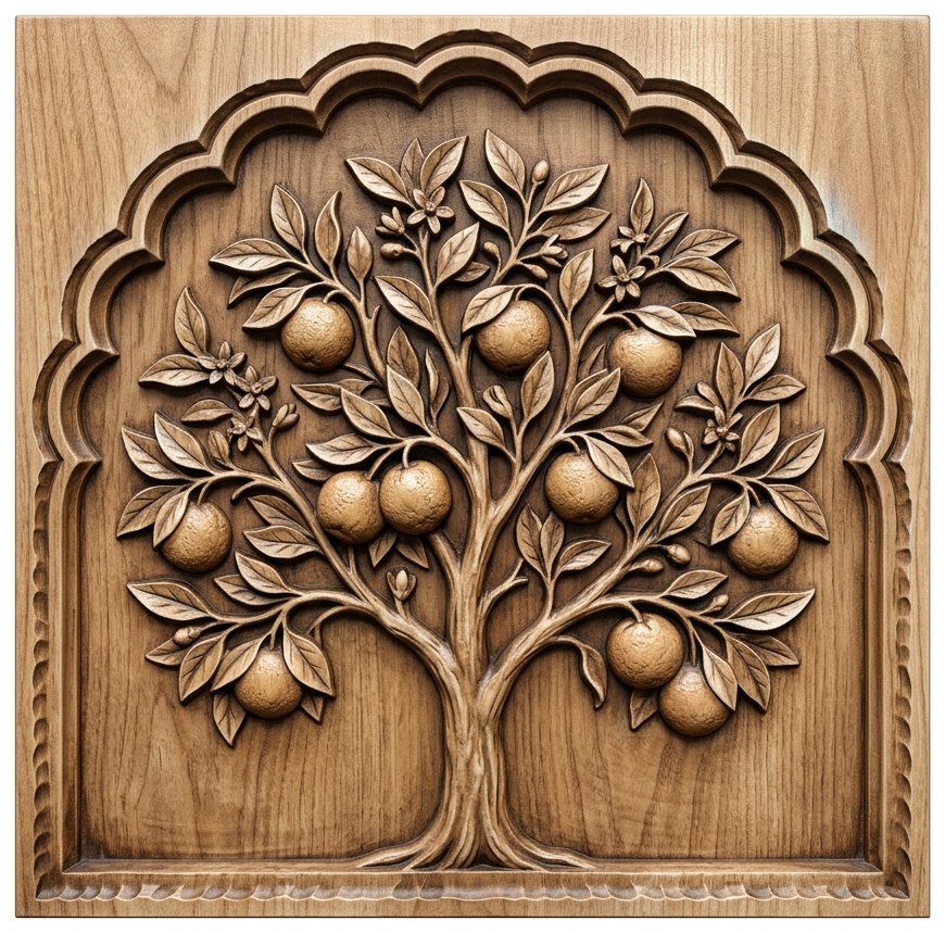 Mediterranean Orange Tree Arch CNC Relief STL | Decorative Fruit Tree Wall Art | Tuscan Garden Panel Carving Design — carved bas relief STL file for CNC