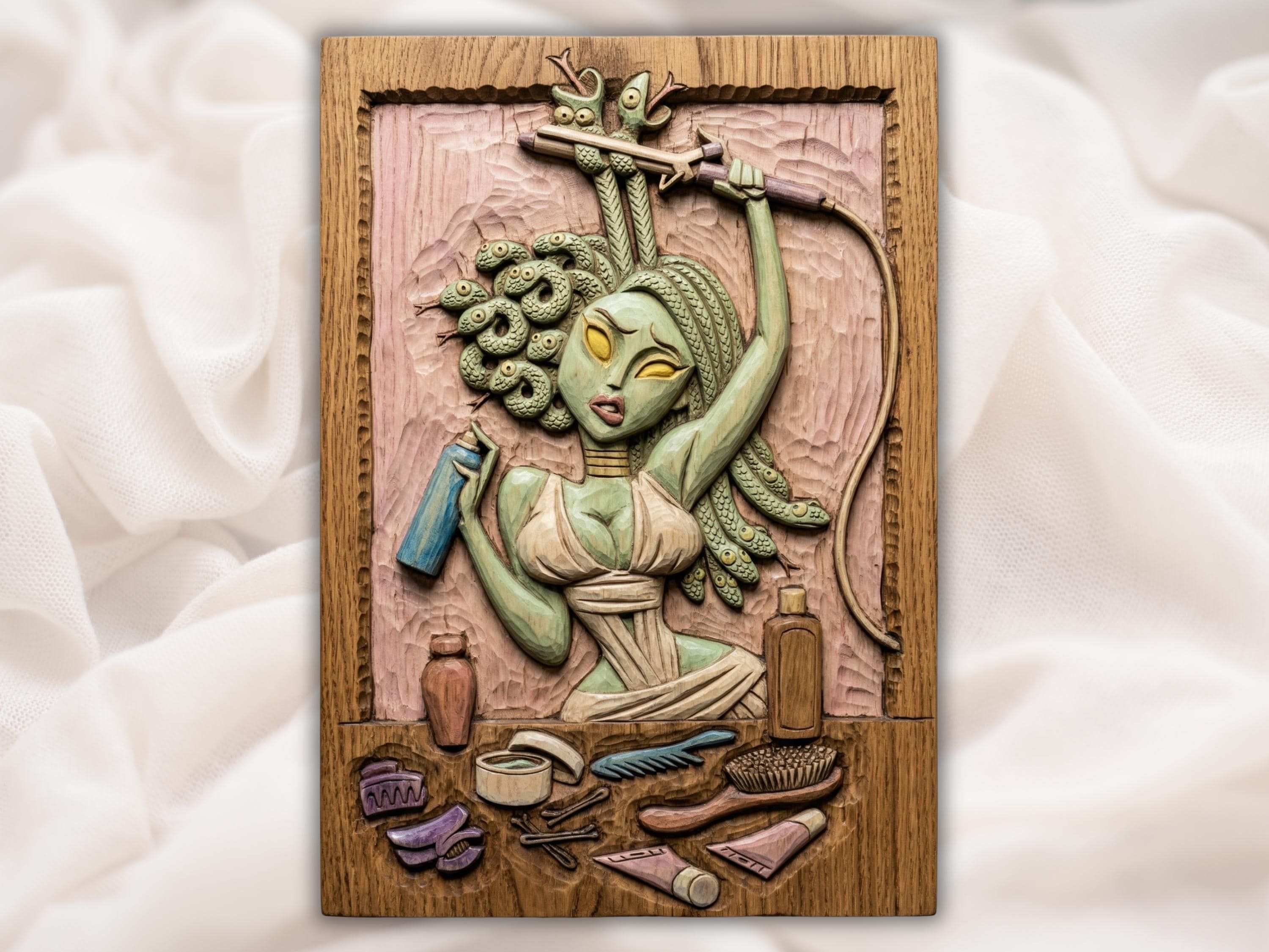 Carved bas-relief of Medusa with snake hair at a vanity, holding a styling tool above combs and brushes