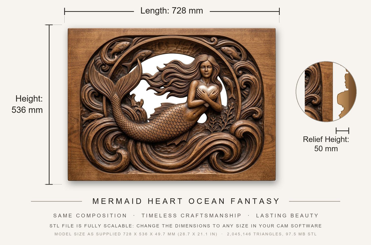 Mermaid Heart Ocean Fantasy CNC Relief STL bas-relief STL — view 3