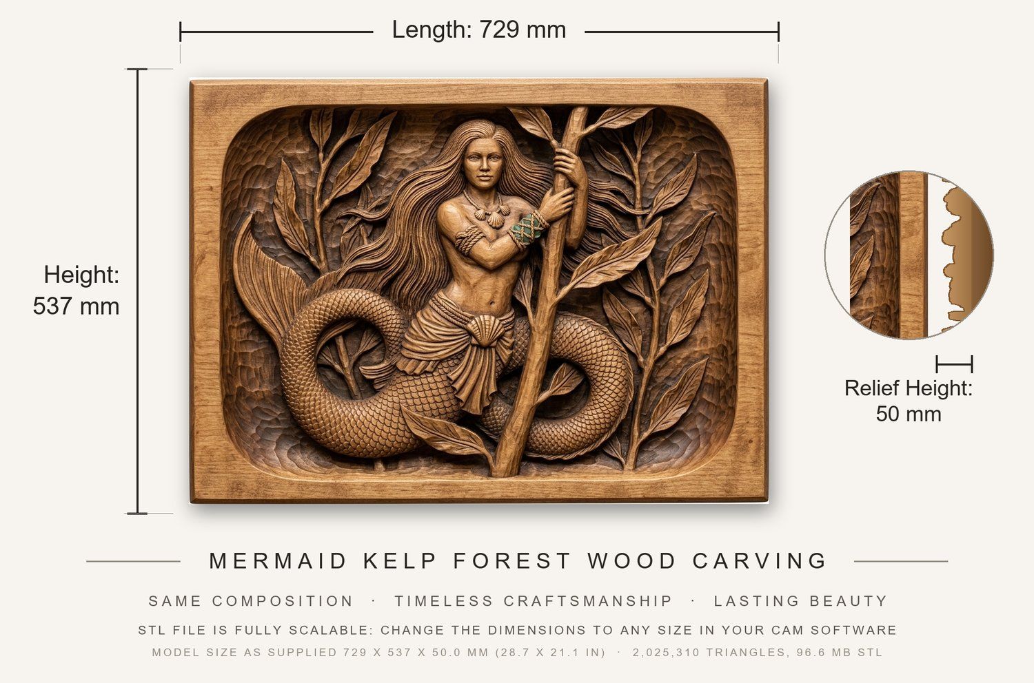 Mermaid Kelp Forest Wood Carving CNC Relief STL bas-relief STL — view 3