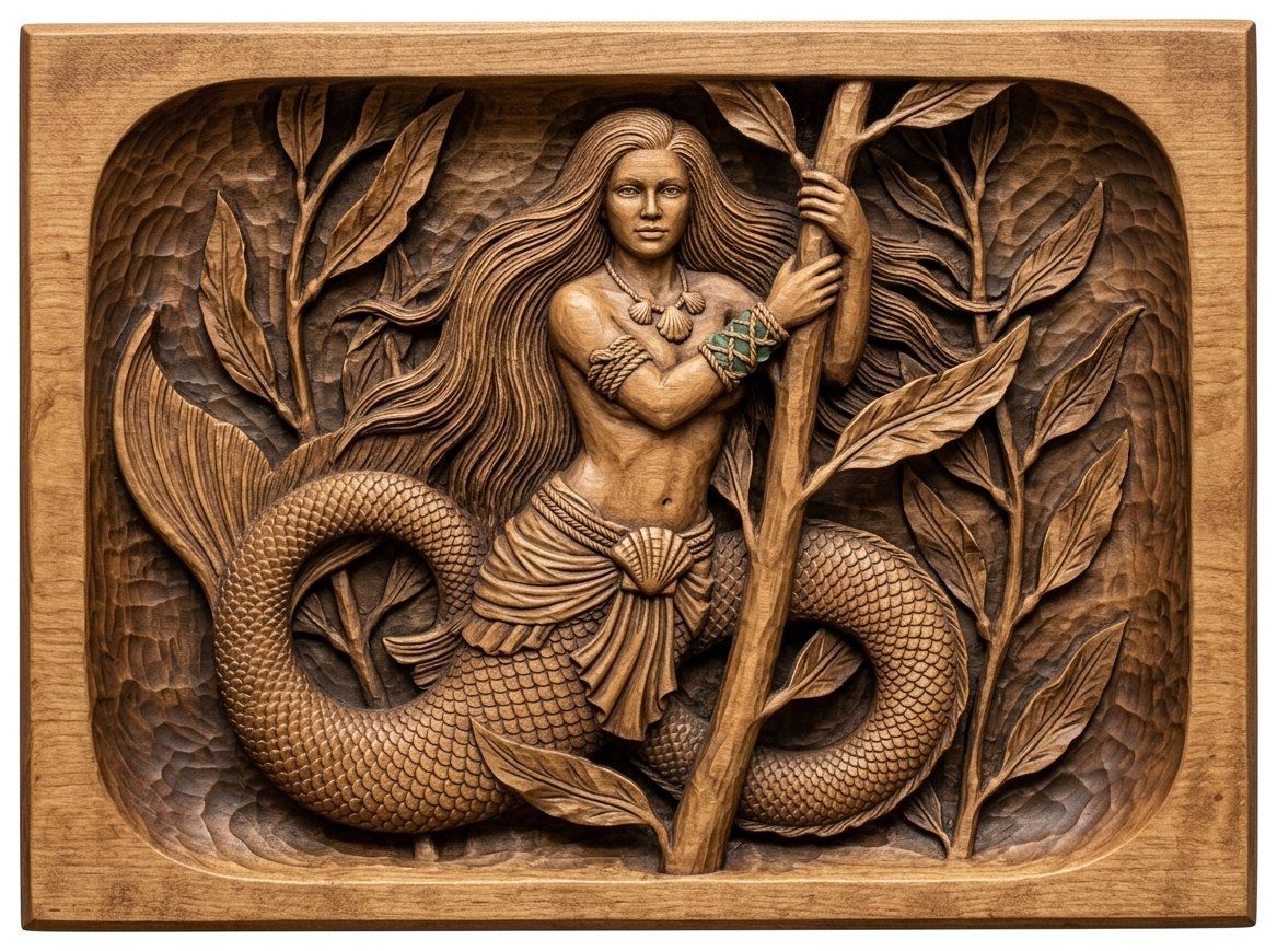 Mermaid Kelp Forest Wood Carving CNC Relief STL bas-relief STL — view 4