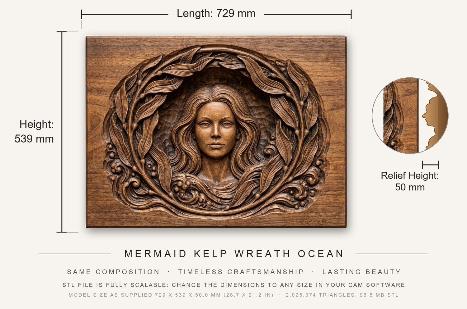 Mermaid Kelp Wreath Ocean CNC Relief STL bas-relief STL — view 3