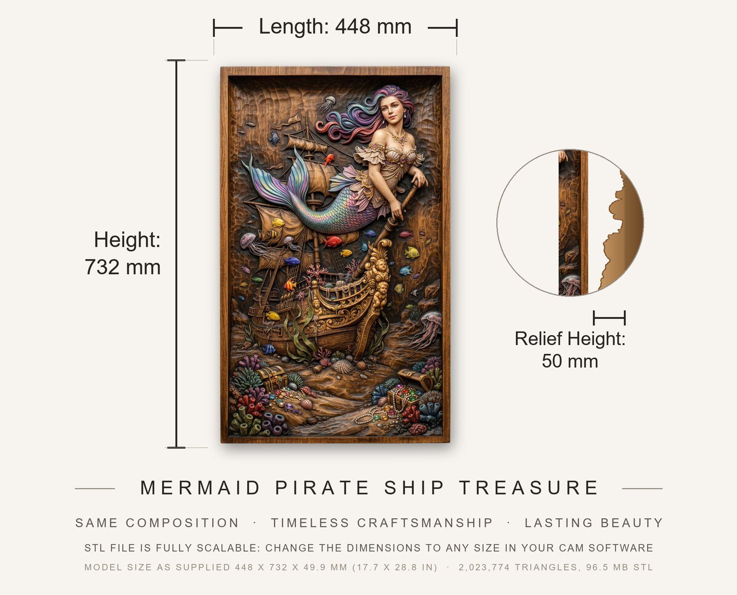 Mermaid Pirate Ship Treasure CNC Relief STL bas-relief STL — view 3