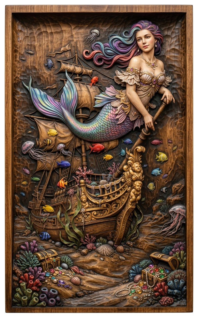 Mermaid Pirate Ship Treasure CNC Relief STL bas-relief STL — view 4