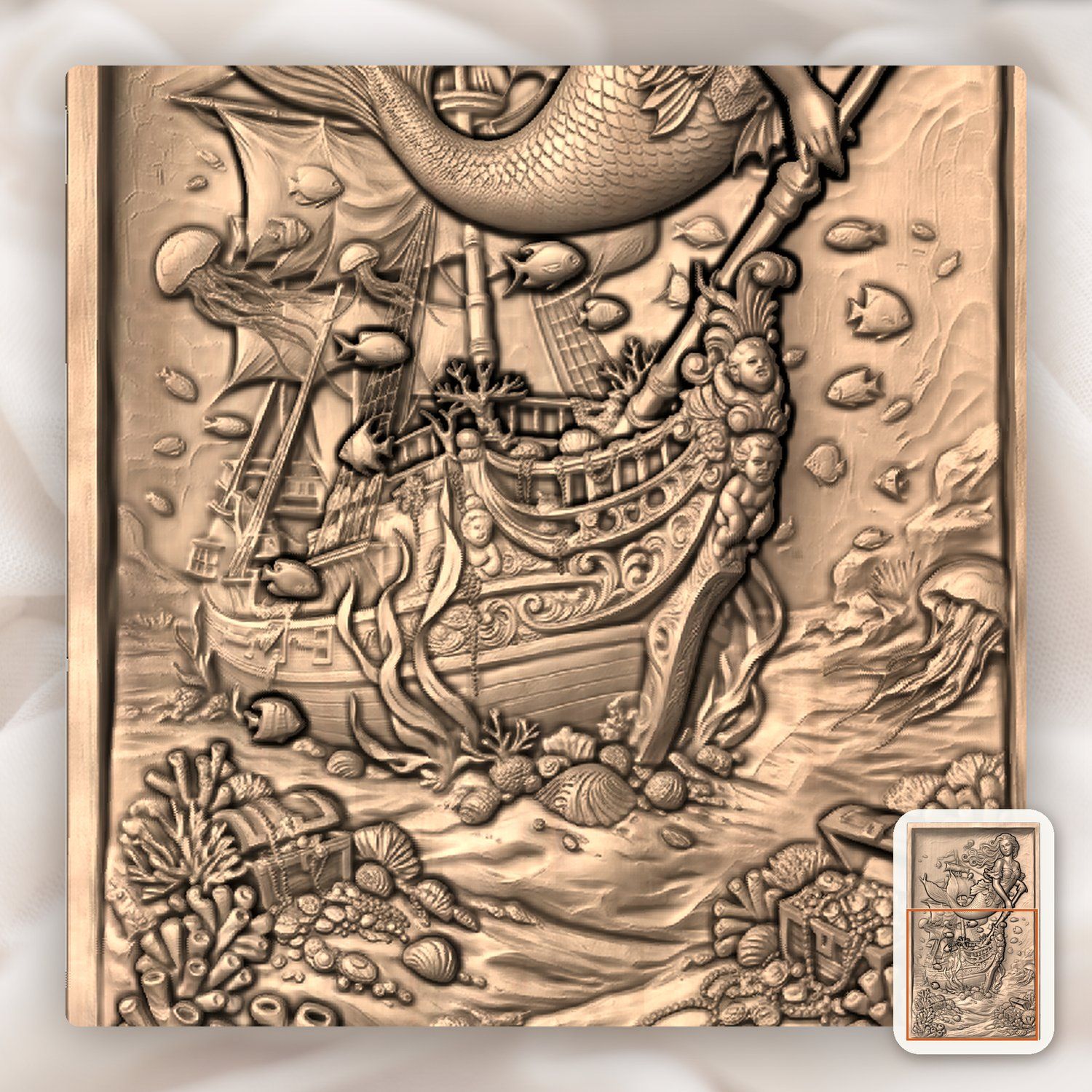 Mermaid Pirate Ship Treasure CNC Relief STL bas-relief STL — view 9