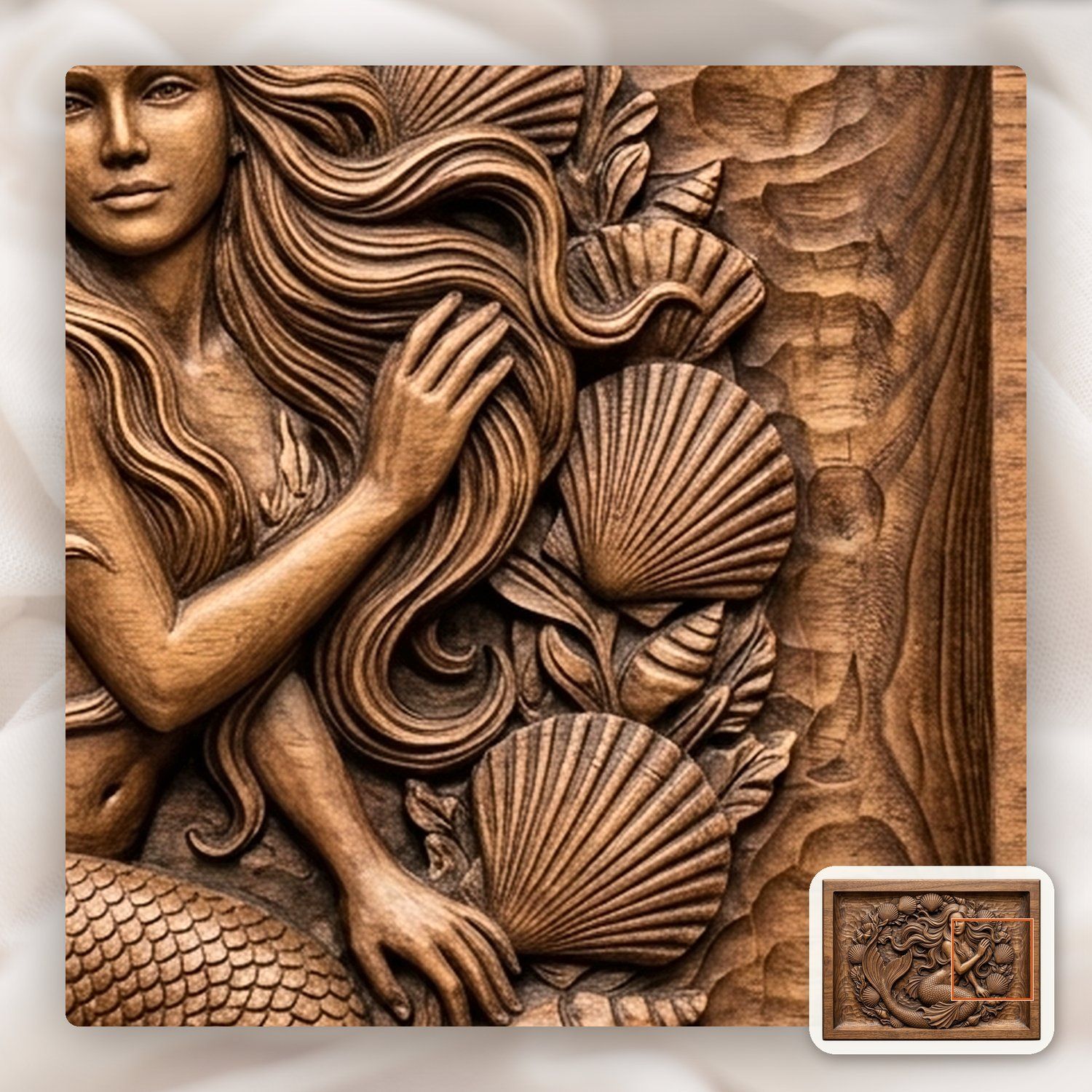Mermaid Portrait With Seashell Frame CNC Relief STL bas-relief STL — view 12