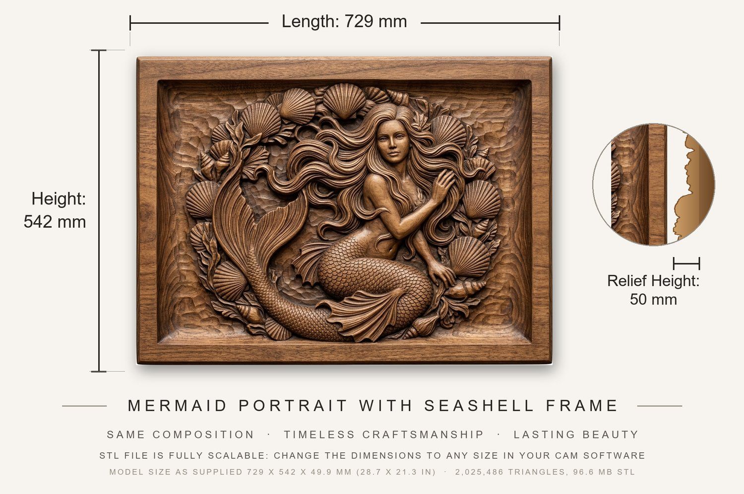 Mermaid Portrait With Seashell Frame CNC Relief STL bas-relief STL — view 3