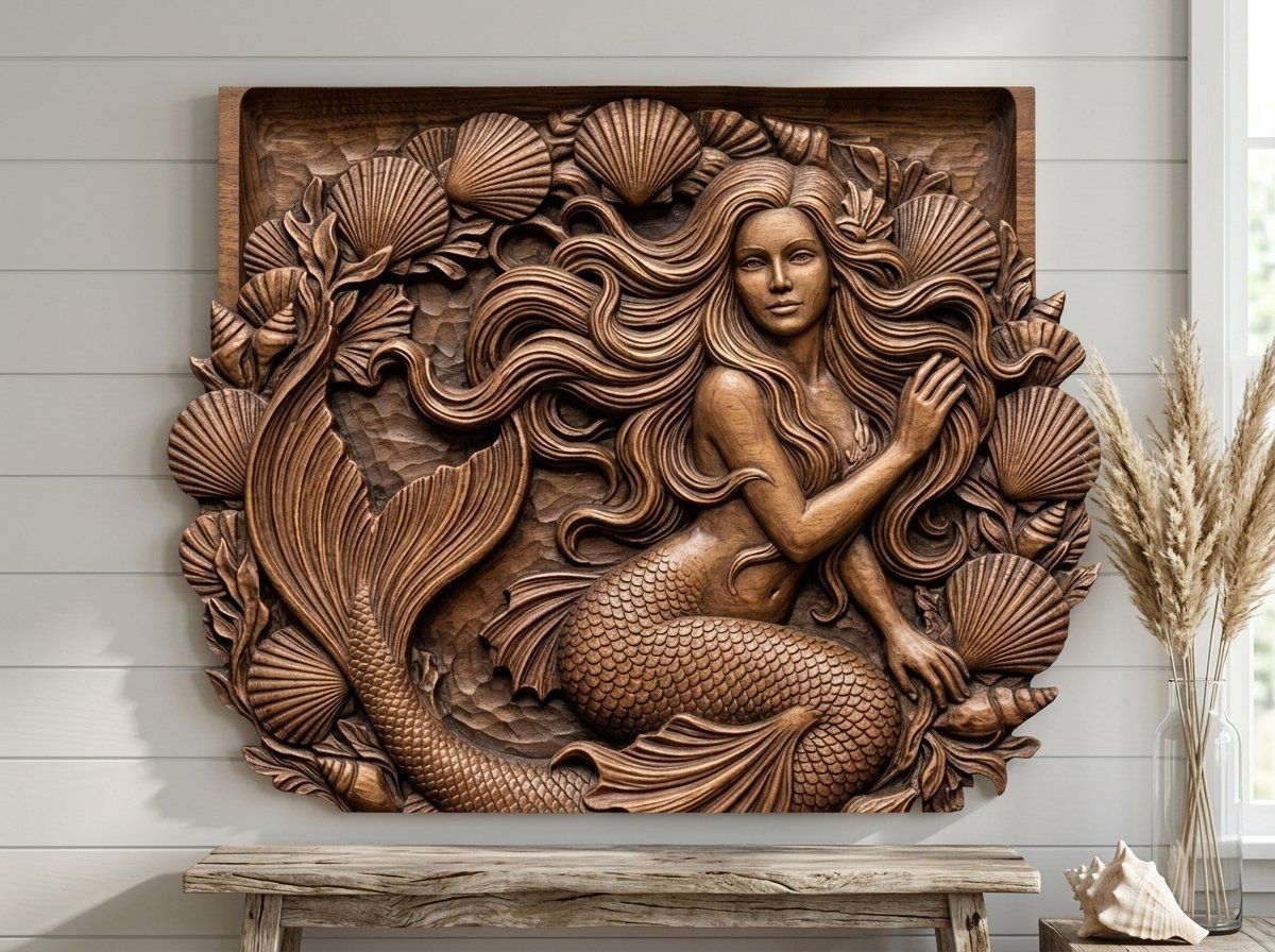 Mermaid Portrait With Seashell Frame CNC Relief STL bas-relief STL — view 13