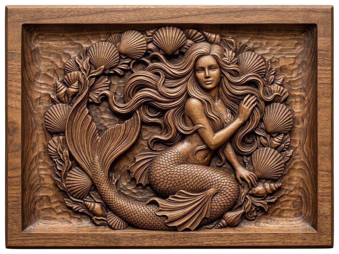 Mermaid Portrait With Seashell Frame CNC Relief STL bas-relief STL — view 4