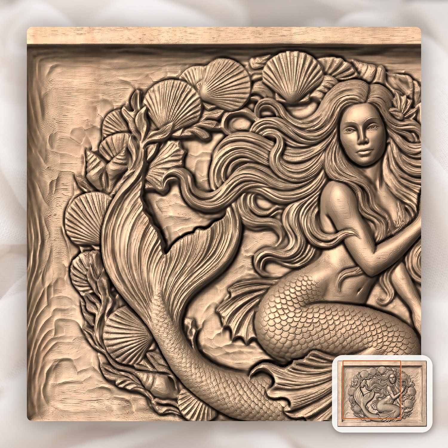 Mermaid Portrait With Seashell Frame CNC Relief STL bas-relief STL — view 7