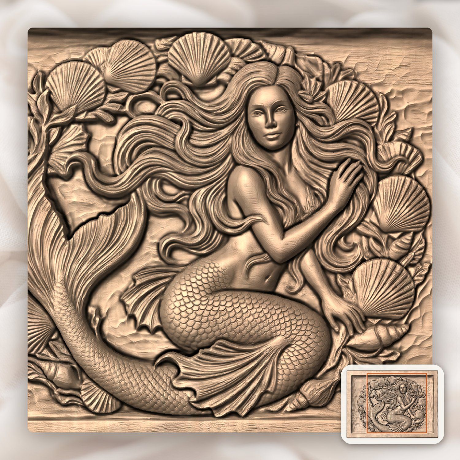 Mermaid Portrait With Seashell Frame CNC Relief STL bas-relief STL — view 8