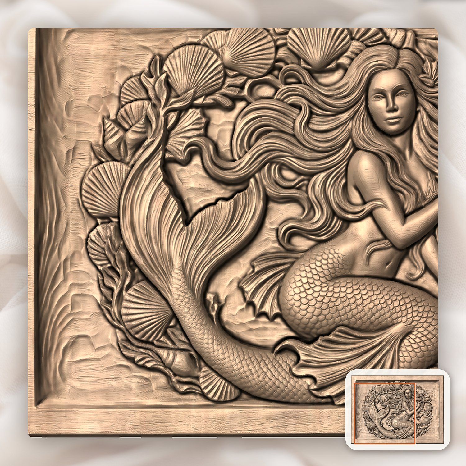 Mermaid Portrait With Seashell Frame CNC Relief STL bas-relief STL — view 9