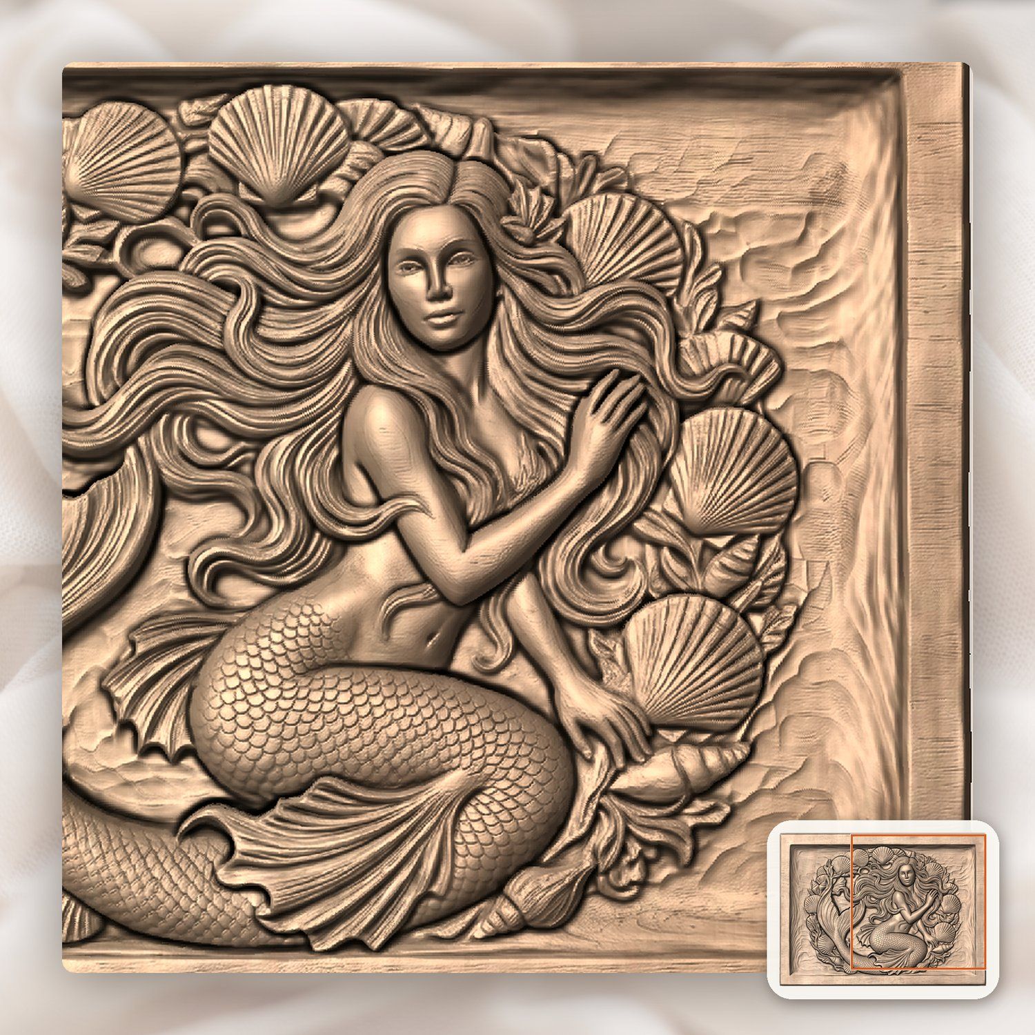 Mermaid Portrait With Seashell Frame CNC Relief STL bas-relief STL — view 10