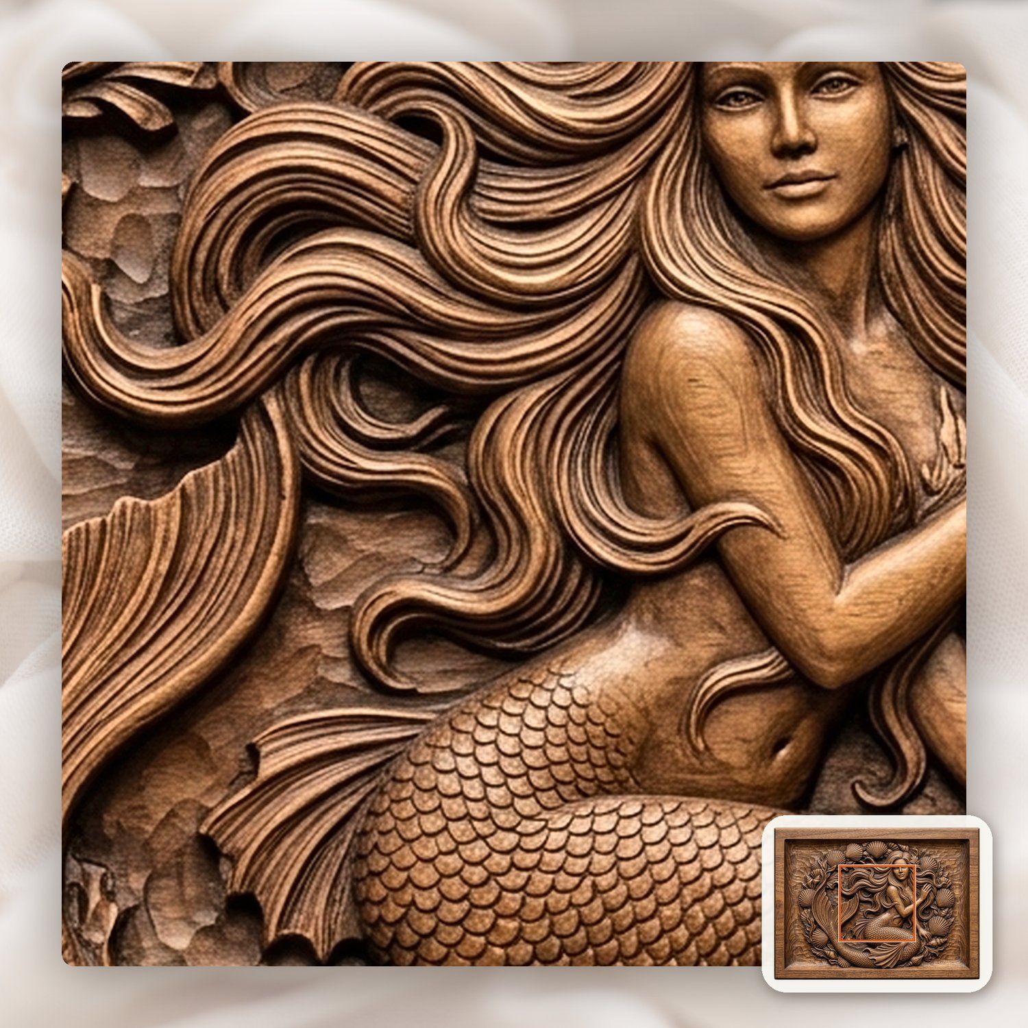 Mermaid Portrait With Seashell Frame CNC Relief STL bas-relief STL — view 11