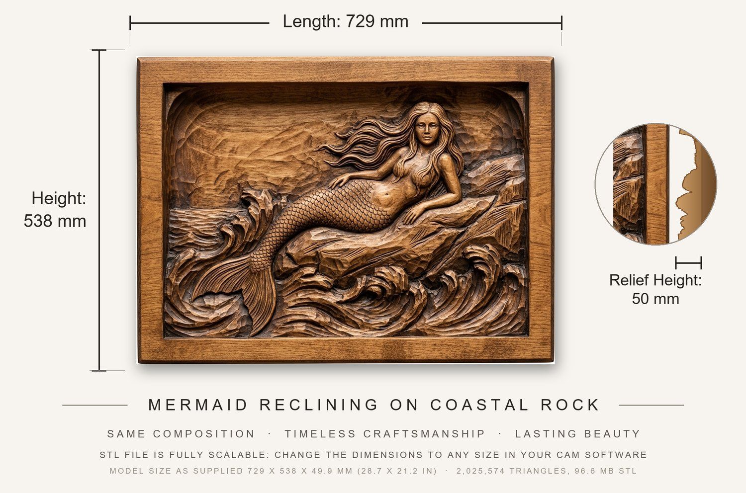 Mermaid Reclining on Coastal Rock CNC Relief STL bas-relief STL — view 12