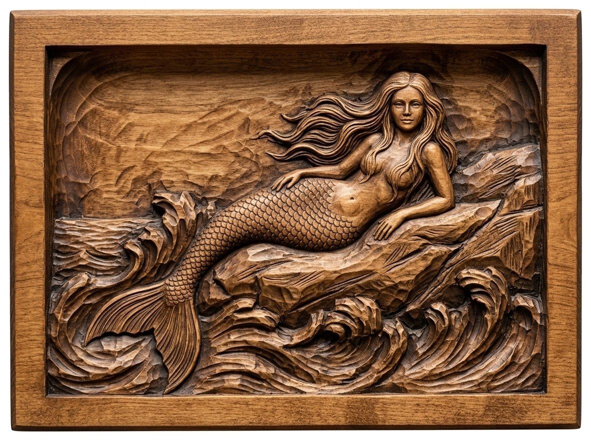 Mermaid Reclining on Coastal Rock CNC Relief STL bas-relief STL — view 2