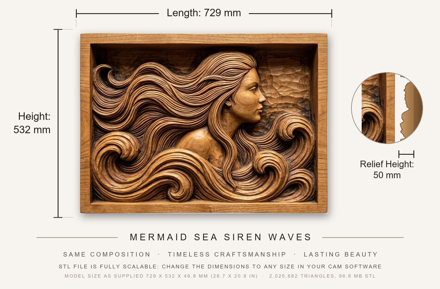 Mermaid Sea Siren Waves CNC Relief STL bas-relief STL — view 3
