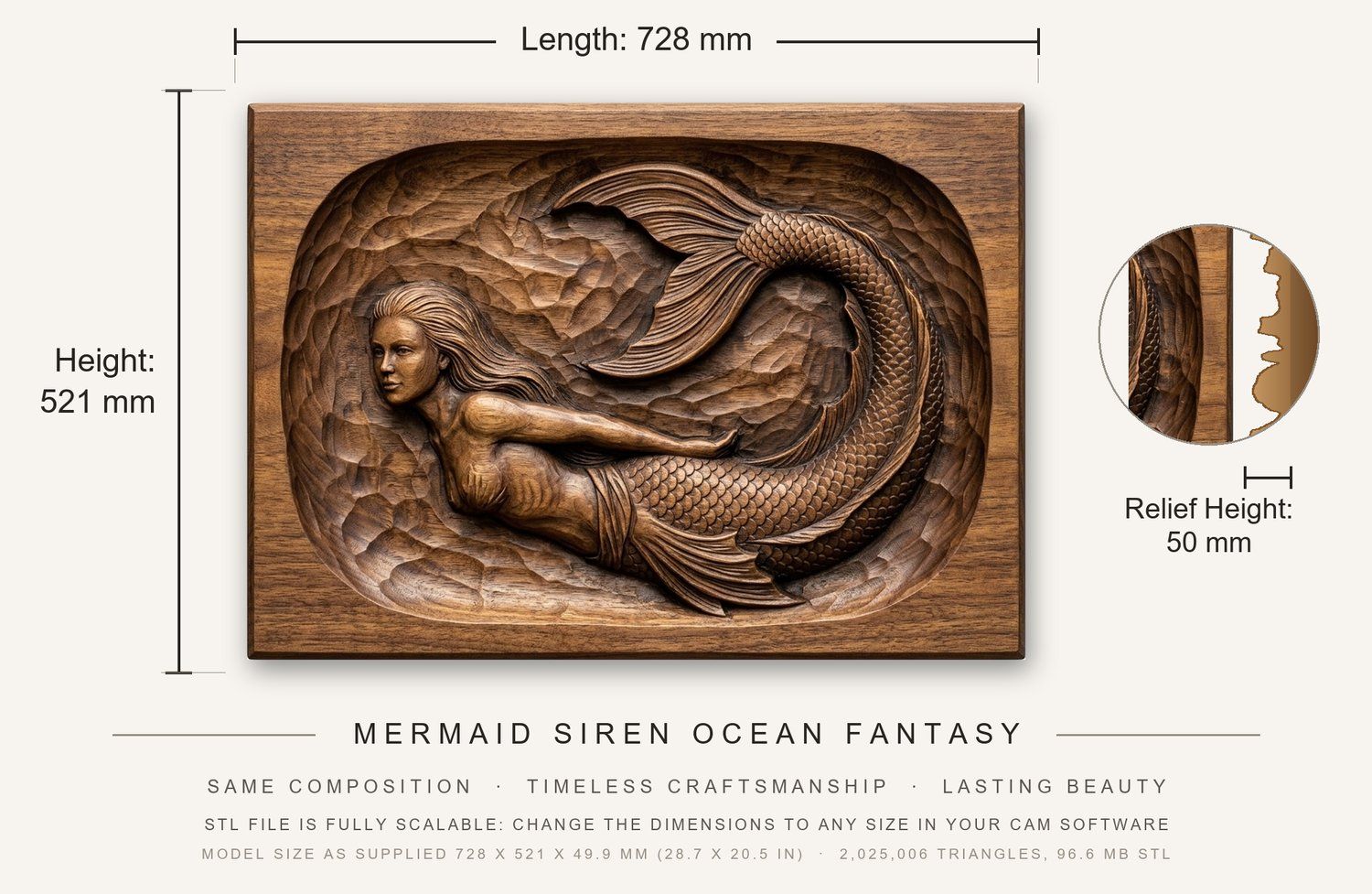 Mermaid Siren Ocean Fantasy CNC Relief STL bas-relief STL — view 3
