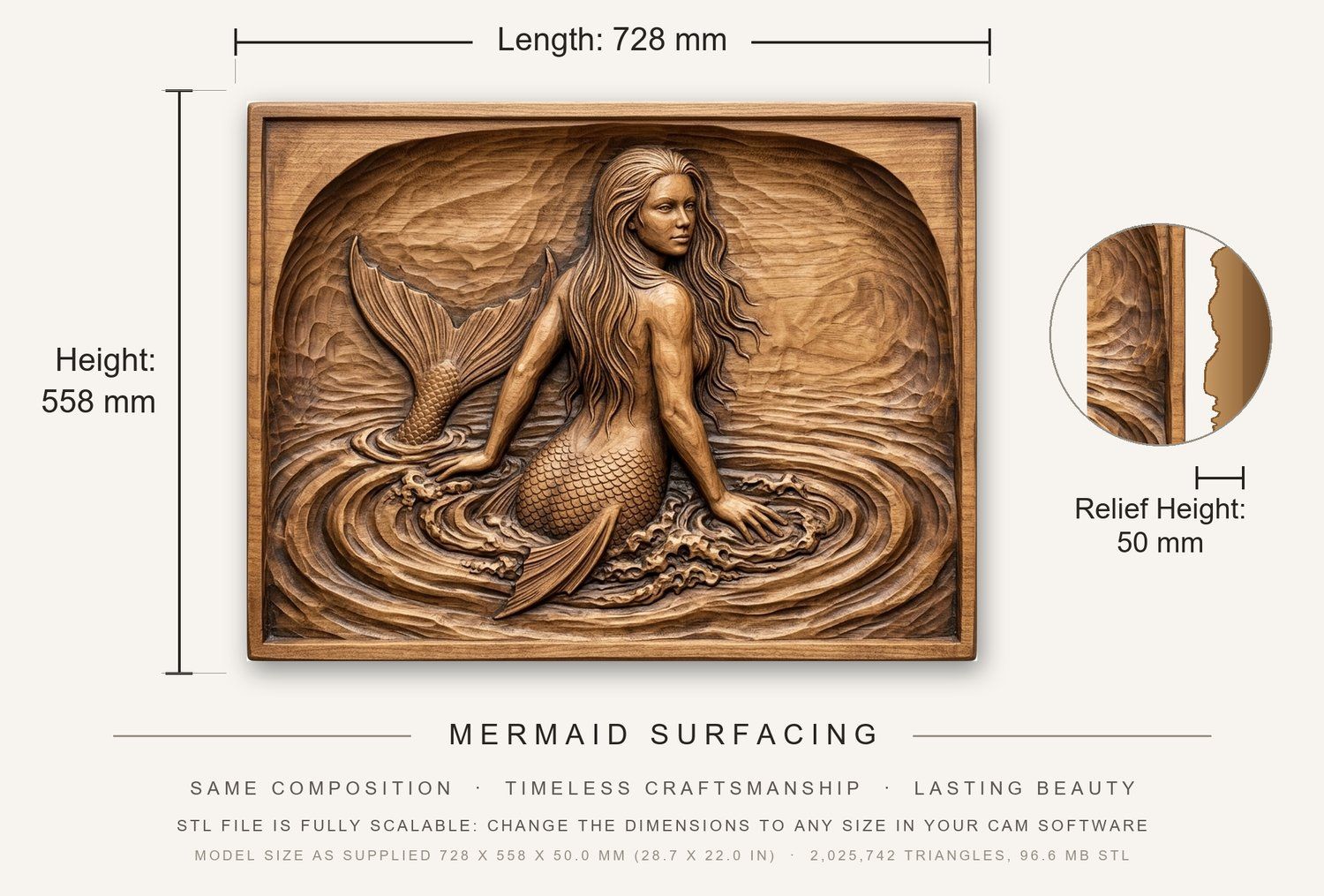 Mermaid Surfacing CNC Relief STL bas-relief STL — view 3