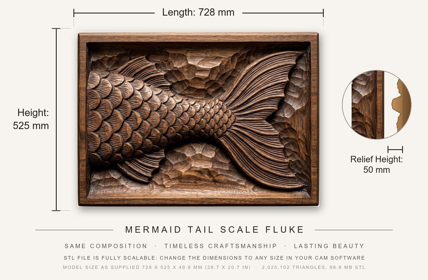 Mermaid Tail Scale Fluke CNC Relief STL bas-relief STL — view 3