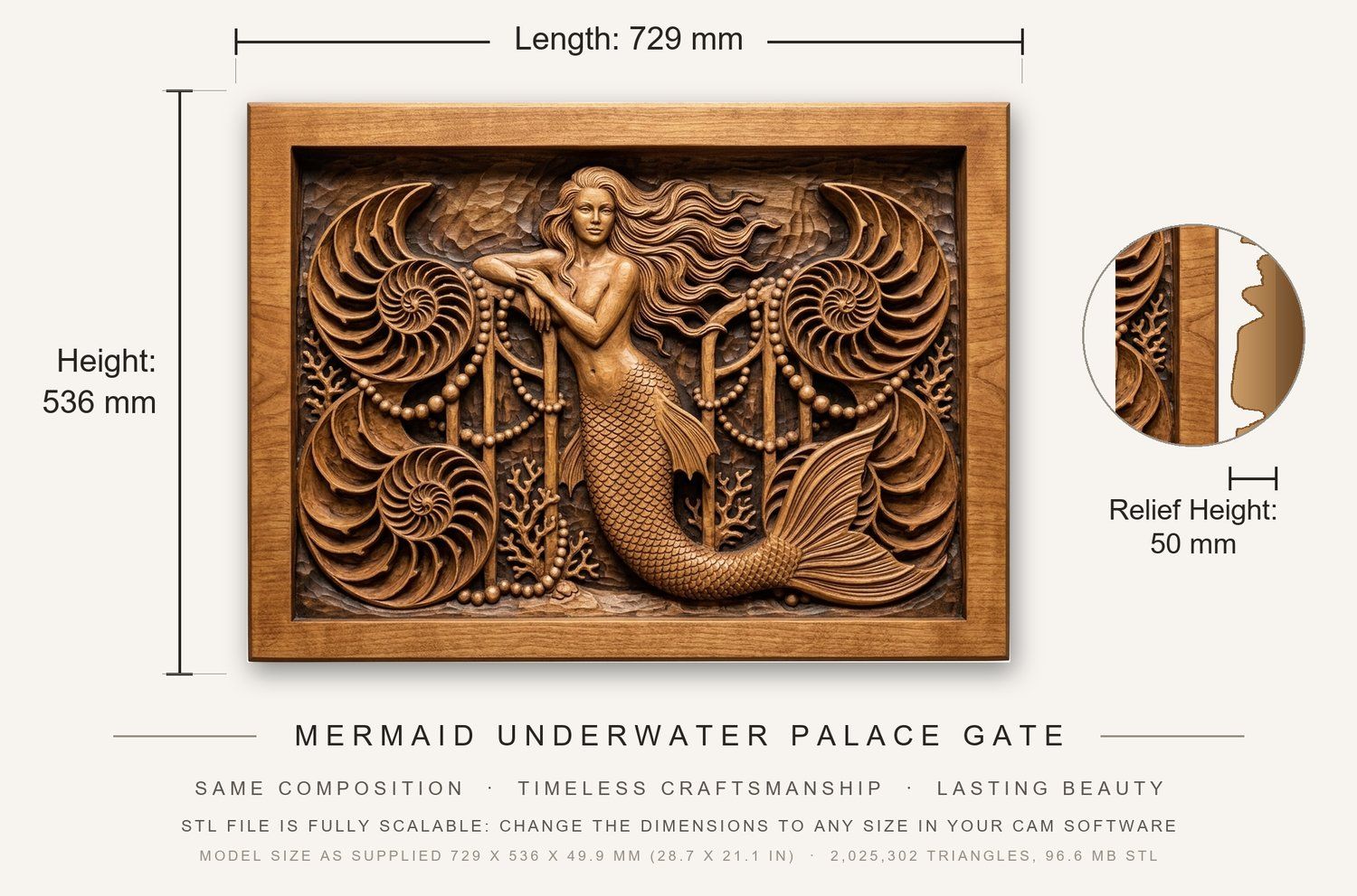 Mermaid Underwater Palace Gate CNC Relief STL bas-relief STL — view 3