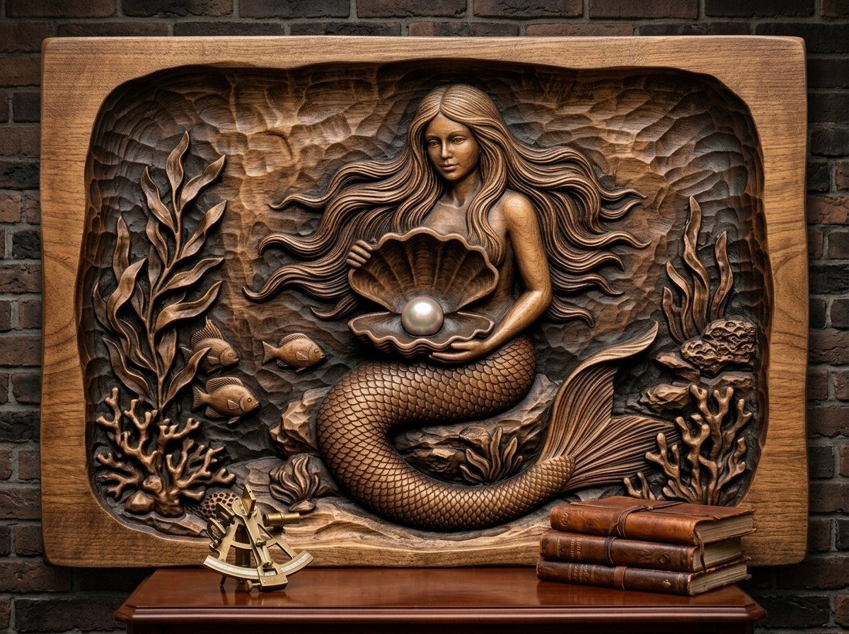 Mermaid with Pearl Clam Shell CNC Relief STL bas-relief STL — view 14