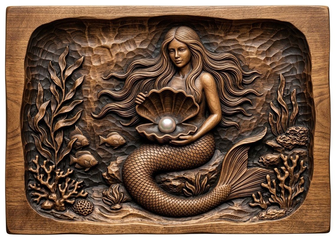 Mermaid with Pearl Clam Shell CNC Relief STL bas-relief STL — view 4