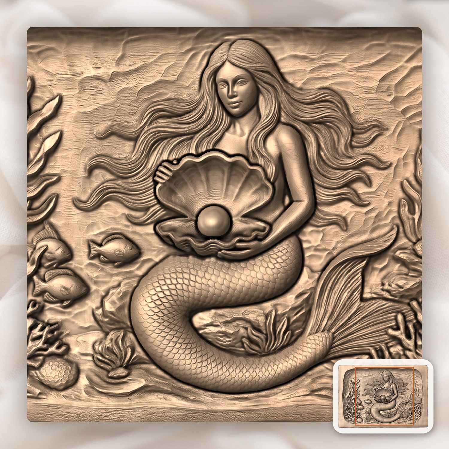 Mermaid with Pearl Clam Shell CNC Relief STL bas-relief STL — view 7