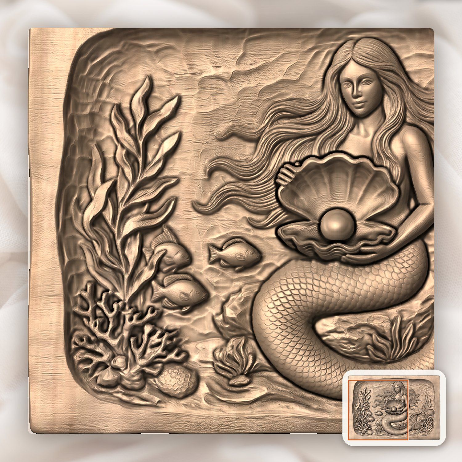 Mermaid with Pearl Clam Shell CNC Relief STL bas-relief STL — view 8