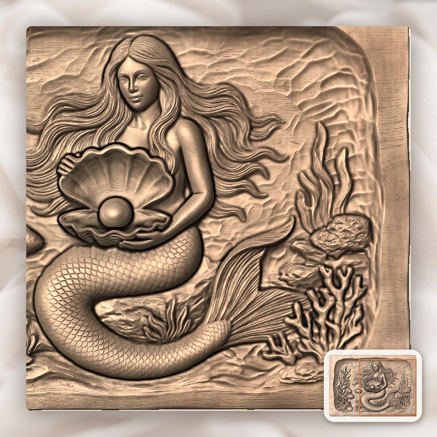 Mermaid with Pearl Clam Shell CNC Relief STL bas-relief STL — view 9