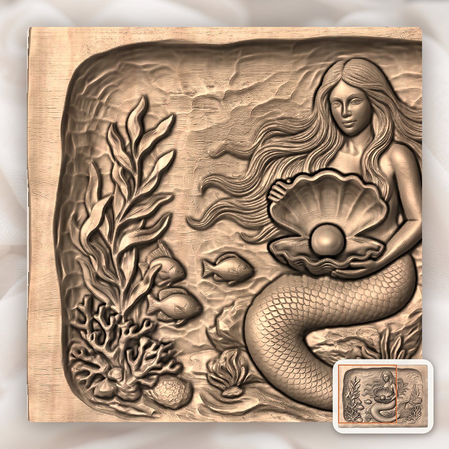 Mermaid with Pearl Clam Shell CNC Relief STL bas-relief STL — view 10