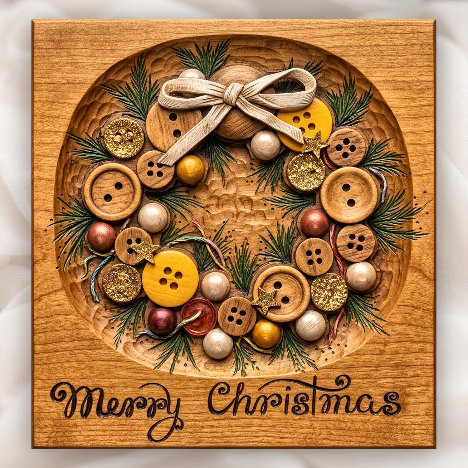 Merry Christmas Button Wreath CNC Relief STL | Rustic Holiday Wood Carving | Festive Seasonal Wall Art — carved bas relief STL file for CNC