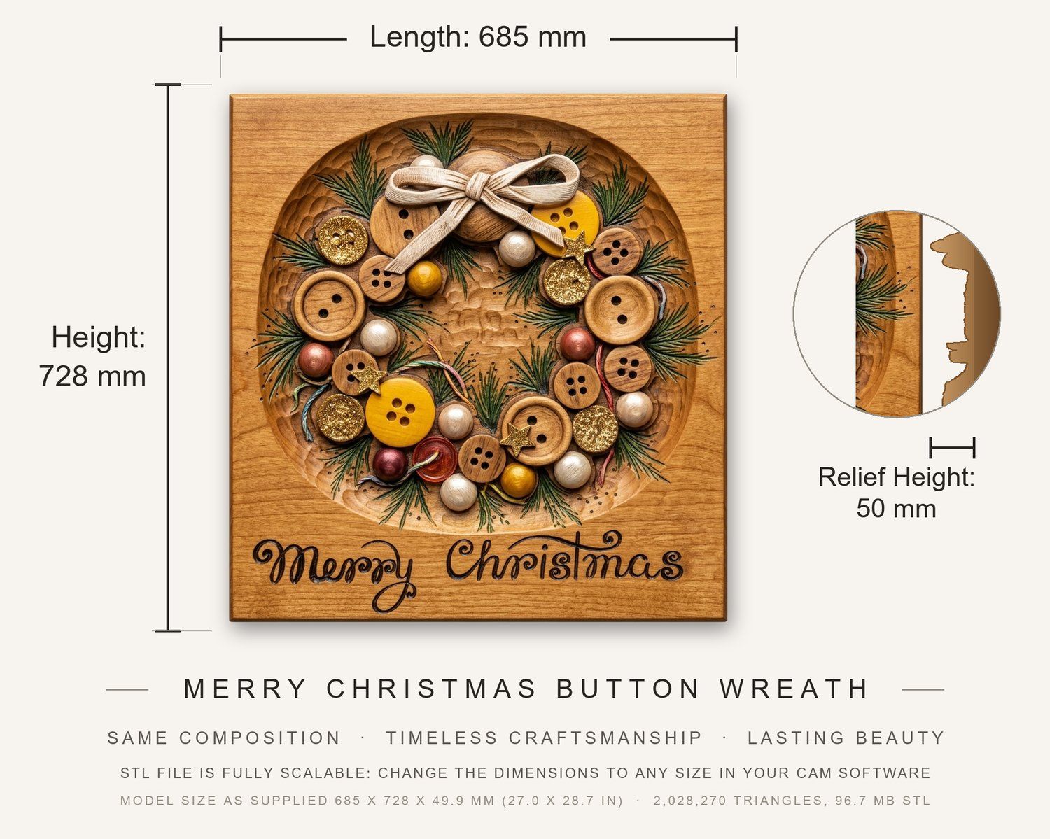 Merry Christmas Button Wreath CNC Relief STL bas-relief STL — view 3