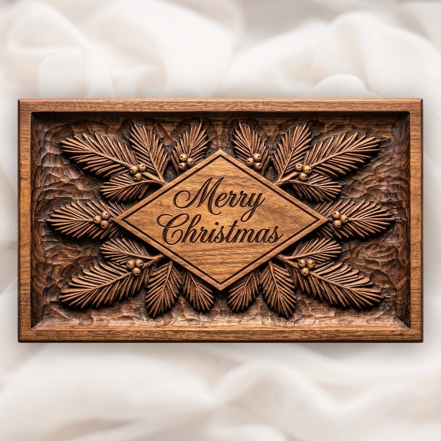 Merry Christmas Diamond Plaque CNC Relief STL | Holiday Pine Needle Wall Art | Ornate Festive Wood Carving Design — carved bas relief STL file for CNC