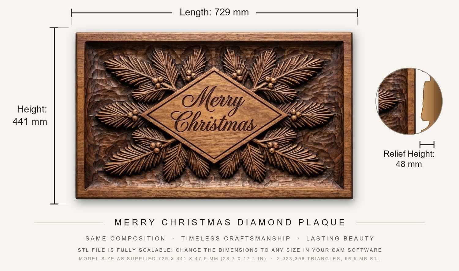 Merry Christmas Diamond Plaque CNC Relief STL bas-relief STL — view 3