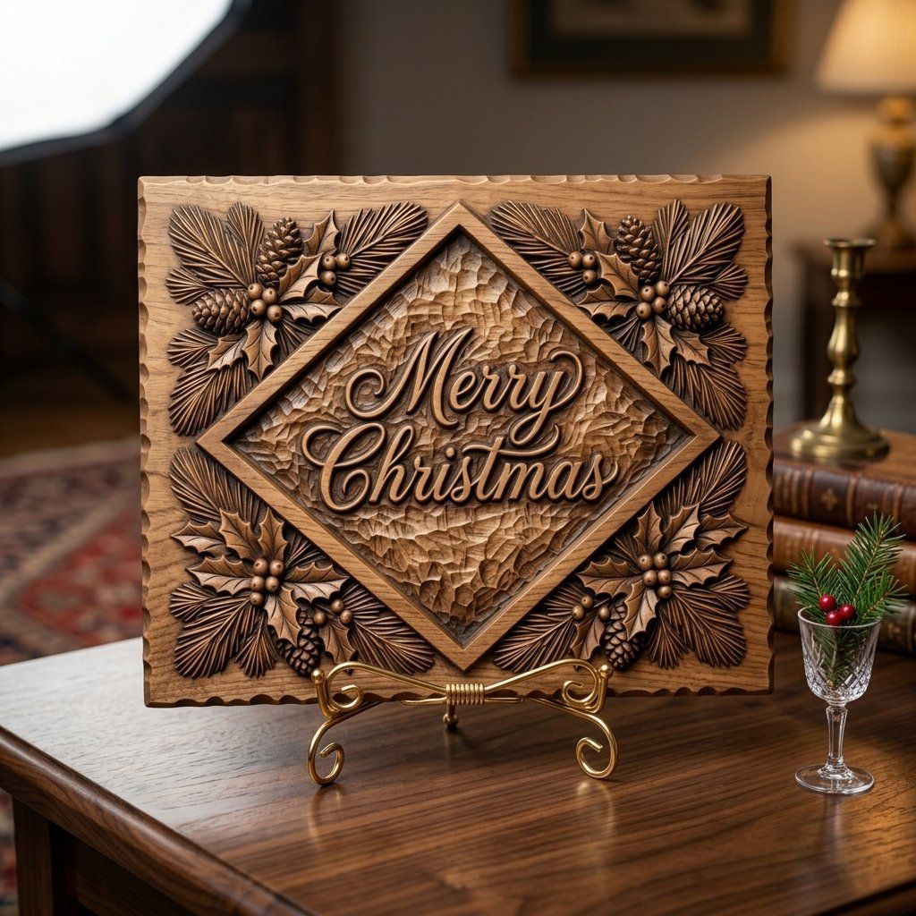 Merry Christmas Holly CNC Relief STL bas-relief STL — view 3