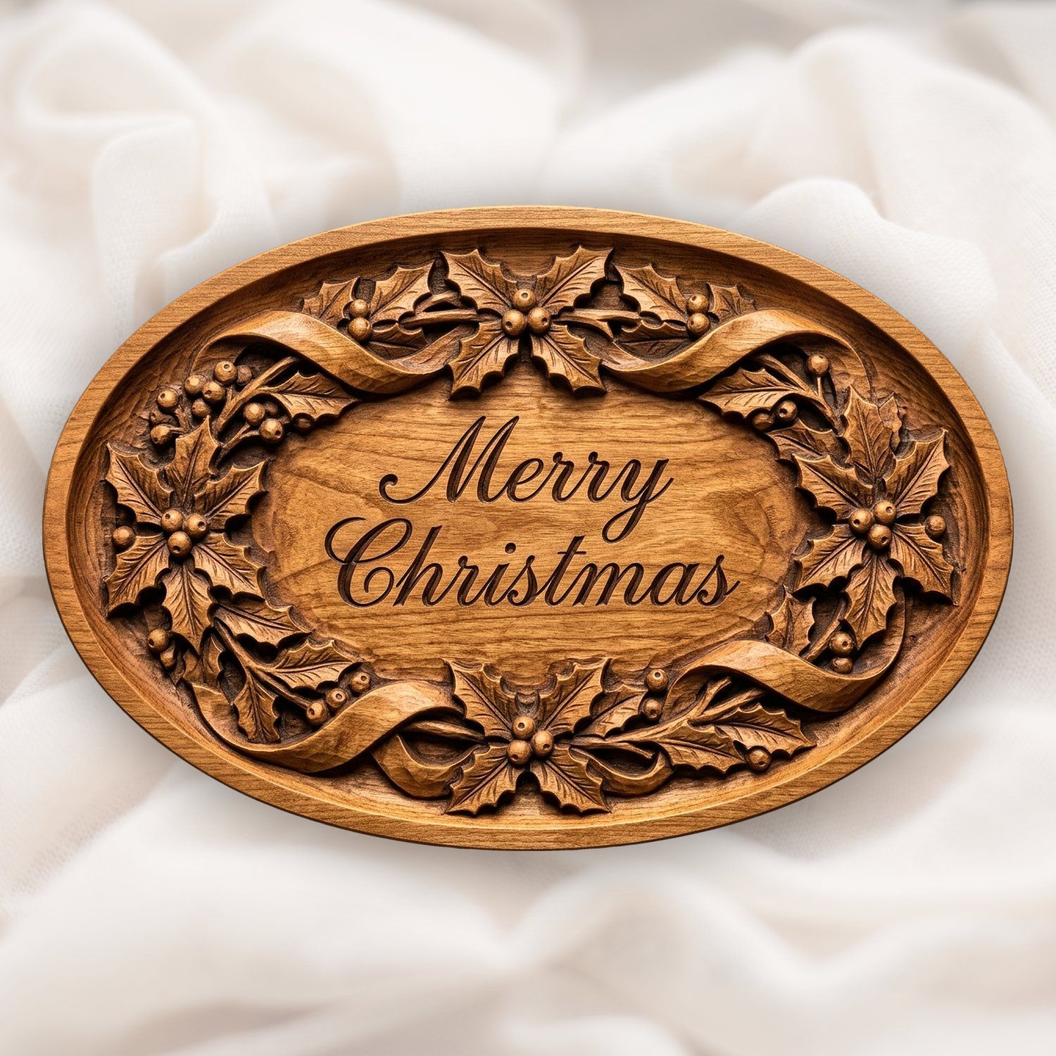 Merry Christmas Holly Ribbon Oval Plaque CNC Relief STL | Holiday Wood Carving Design | Festive Victorian Wall Decor Panel — carved bas relief STL file for CNC