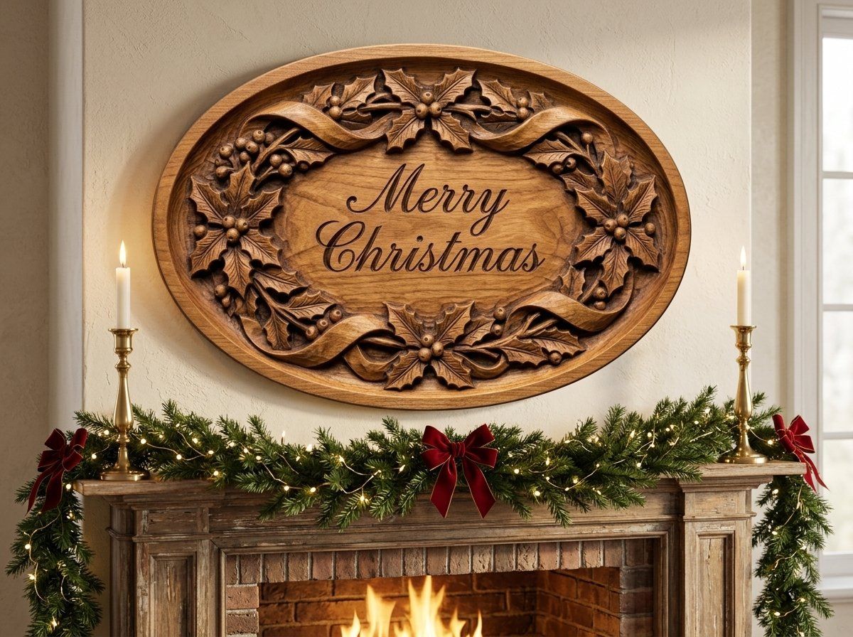 Merry Christmas Holly Ribbon Oval Plaque CNC Relief STL bas-relief STL — view 13