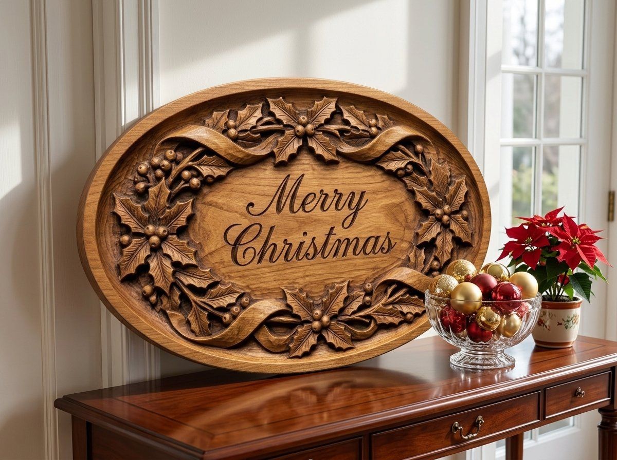 Merry Christmas Holly Ribbon Oval Plaque CNC Relief STL bas-relief STL — view 14