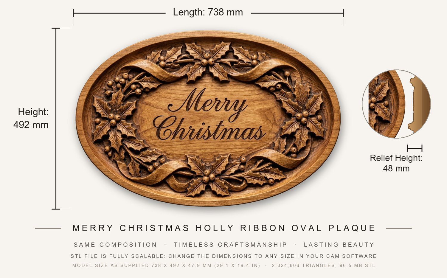 Merry Christmas Holly Ribbon Oval Plaque CNC Relief STL bas-relief STL — view 3