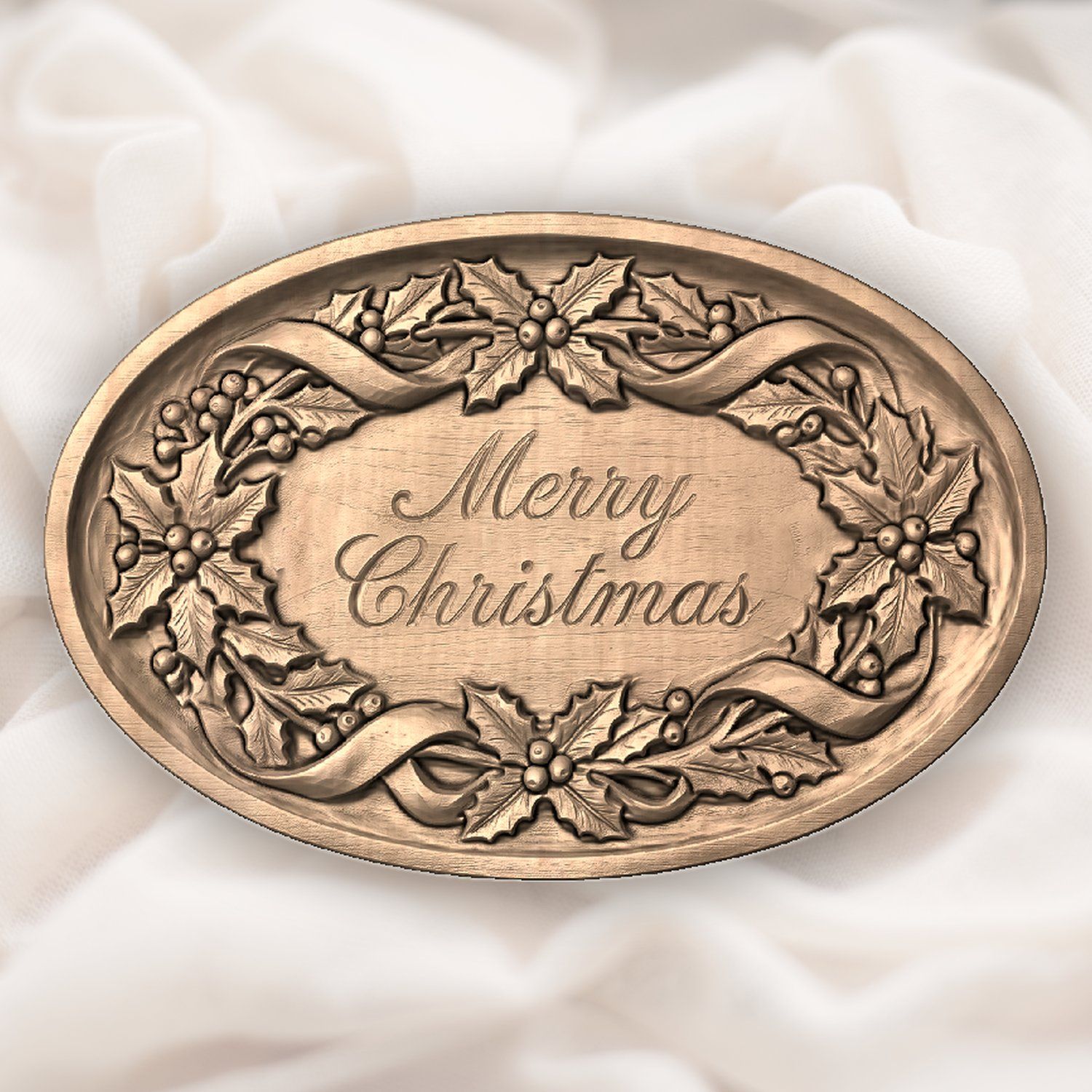 Merry Christmas Holly Ribbon Oval Plaque CNC Relief STL bas-relief STL — view 4