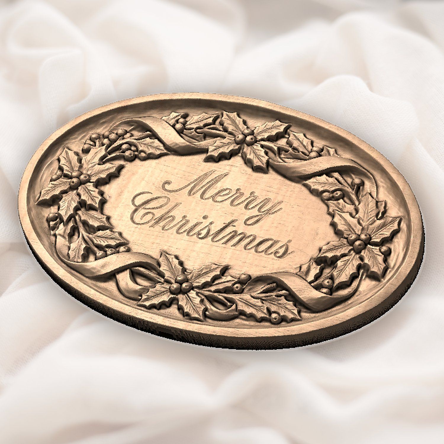 Merry Christmas Holly Ribbon Oval Plaque CNC Relief STL bas-relief STL — view 5