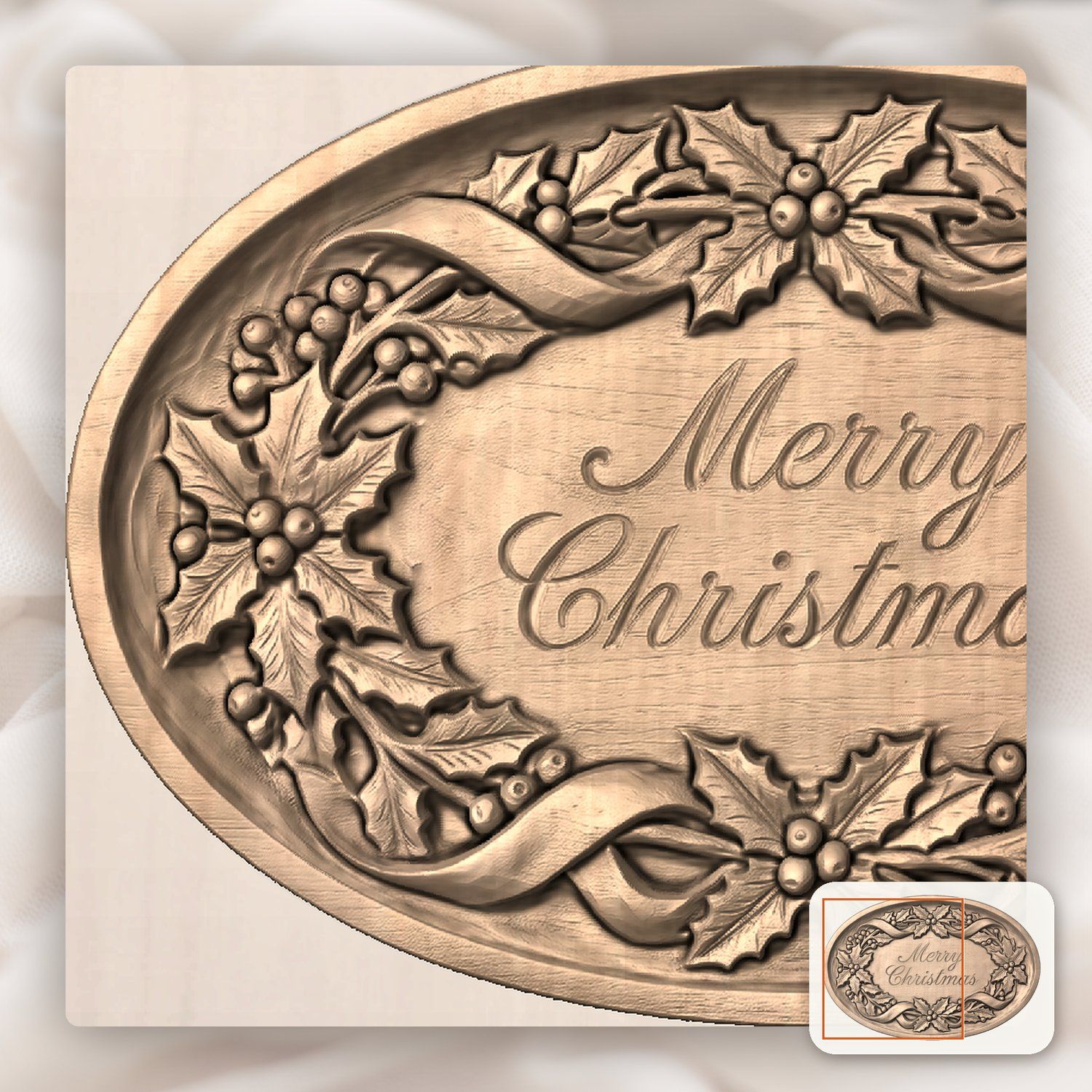 Merry Christmas Holly Ribbon Oval Plaque CNC Relief STL bas-relief STL — view 7