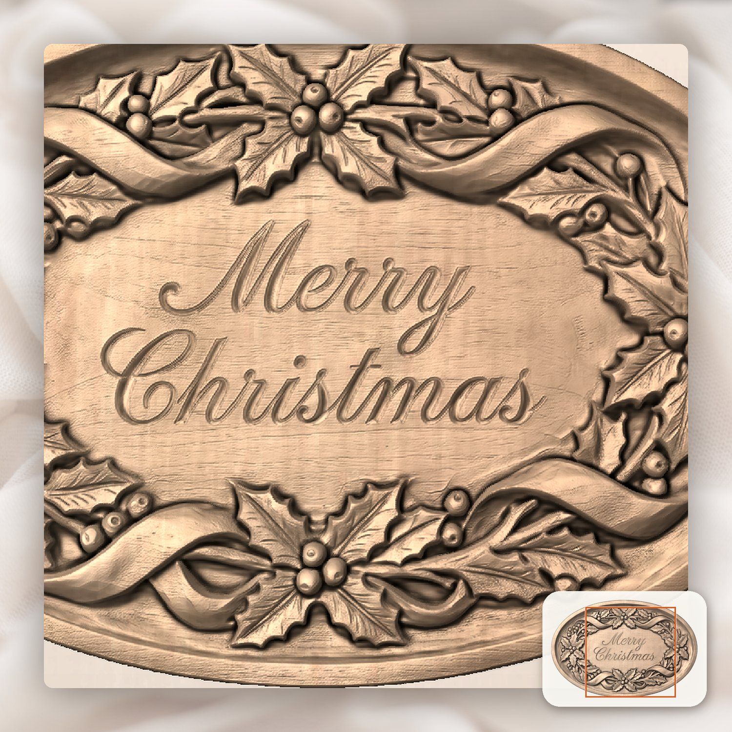 Merry Christmas Holly Ribbon Oval Plaque CNC Relief STL bas-relief STL — view 8