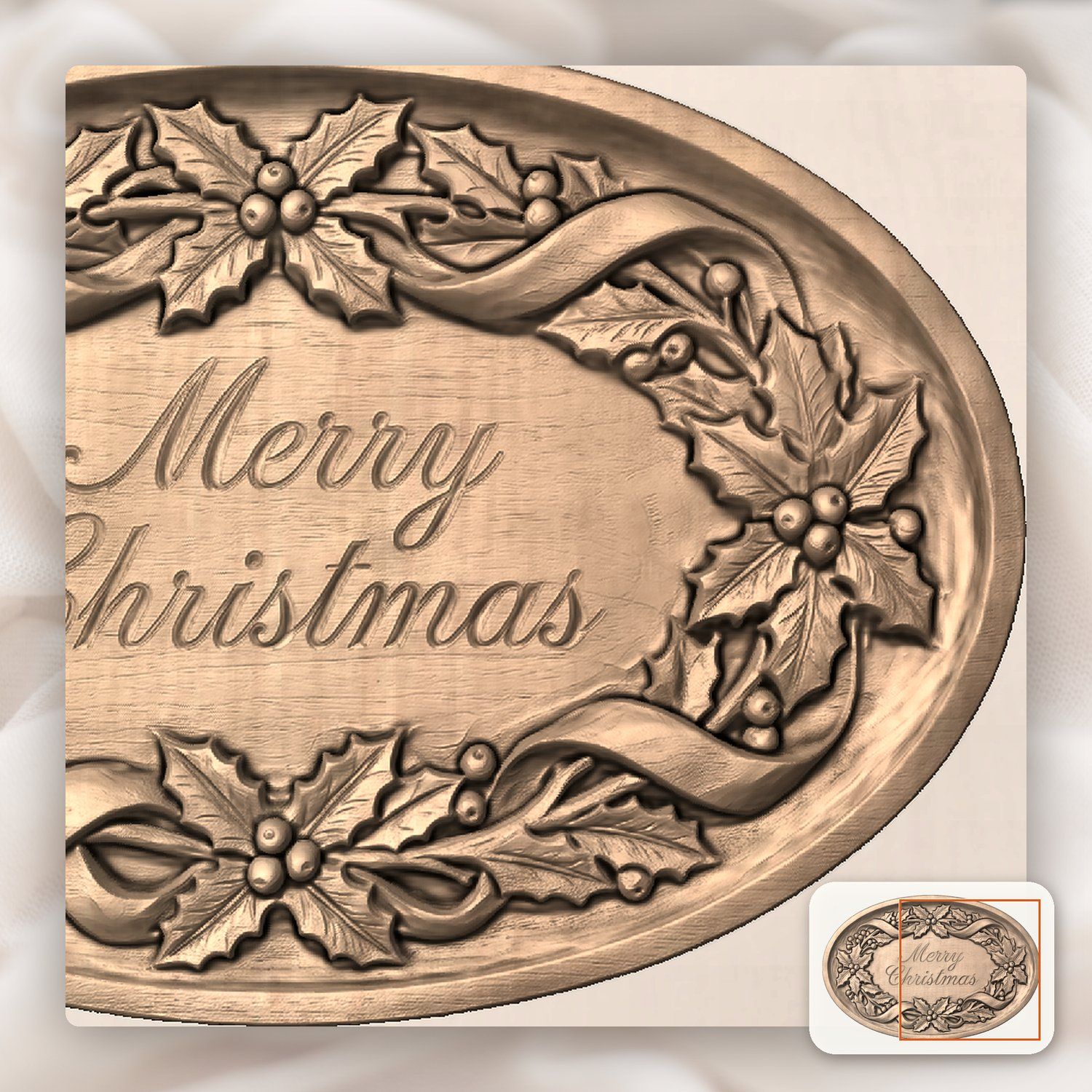 Merry Christmas Holly Ribbon Oval Plaque CNC Relief STL bas-relief STL — view 9